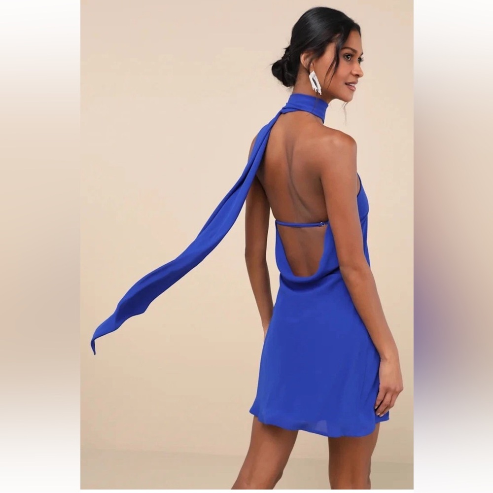 Lulus NWT Lulus Isloda Blue One-Shoulder Backless Sash Mini Dress Small
